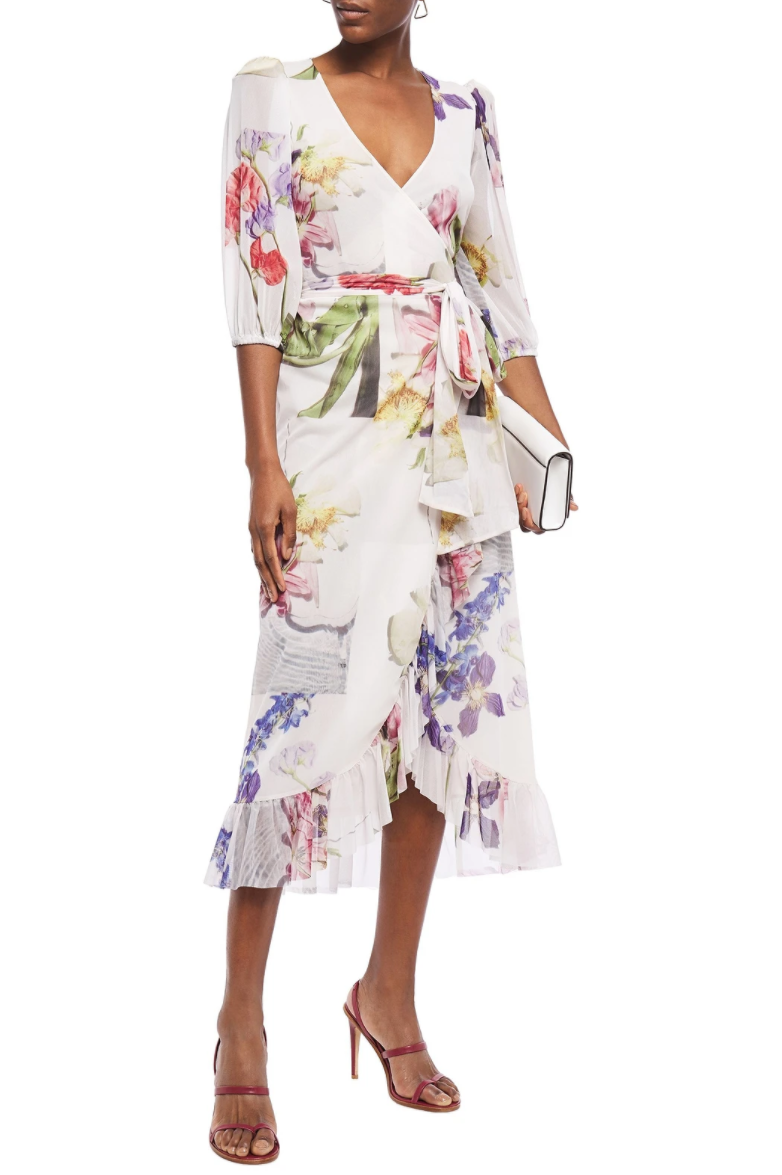 Ganni + Ruffled floral-print stretch-mesh midi wrap dress